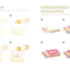 Parfüm und Streichholzschachteln, jeweils vier Illustrationen mit unterschiedlich gefärbten Details.