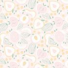 Illustration von verschiedenen Obstsorten in sanften Pastellfarben, unter anderem Birnen, Pfirsiche und Grapefruits.