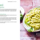 Spaghetti mit Basilikumpesto. Rezeptbeschreibung, Zutaten und Zubereitung. Rechts: Teller mit Spaghetti-Pesto.