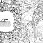 "Bali, die Insel der Götter... Kleinen Sundainseln." Paradiesische Landschaft mit Papagei, Blumen und Sonne am Horizont.