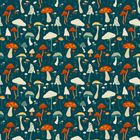 Illustration von bunten Pilzen in verschiedenen Formen und Größen auf dunkelgrünem Hintergrund.