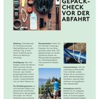 "GEPÄCK-CHECK VOR DER ABFAHRT" ist fett gedruckt. Es gibt Bilder von Fahrrad-Ausrüstung, einem Radfahrer und einer Nahaufnahme eines Seils.
