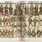 Mittelalterliche Illustration mit großen Texten: "Die sieben churfuersten", "Des heiligen roemischen reichs". Figuren mit Wappen.