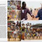 Text links beschreibt Bauprojekt. Rechts oben: Zwei Männer im Regen. Darunter: Tänzer in bunten Kostümen, Fest.