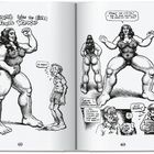 „R. Crumb fights the Giant Female Warrior.“ Eine kräftige Frau in Unterwäsche steht vor einem kleineren Mann; comicartig.