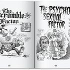 Links: "The Scramble Factor" mit einem Mann, der von einem fliegenden Gerät verfolgt wird. Rechts: "The Psychosexual Factor" mit einem nachdenklichen Mann und einer Frau auf einer Treppe.
