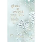Text: "gloria in excelsis deo. Ehre sei Gott im Himmel! Denn er bringt der Welt Frieden und wendet sich den Menschen in Liebe zu. Lukas 2,14." Kalender zeigt Dezember. Hintergrund: zarte Pflanze in Pastellfarben.