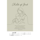 Text: "Child of God" und "Die ihn aber aufnahmen und an ihn glaubten, denen gab er das Recht, Kinder Gottes zu werden. Johannes 1,12." Darunter ein schlichter Kalender für Dezember. Eine minimalistische Illustration von Jesus, der ein Kind umarmt.