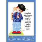 Clown mit Baby auf dem Rücken, betet. Text: "Gott liebt jeden Einzelnen von uns... Liebe schenken könnte. - Augustinus"