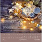 Text über Engel und Weihnachtsfreude. Deko mit Sternen, Kugeln und Lichtern. Kalender für Dezember zeigt Daten.