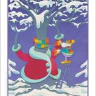 Kalenderseite, Monat 12. Ein Baum trägt Kleidung und Schal. Eine Figur steht auf einer Leiter und arrangiert den Schal. Schnee bedeckt.