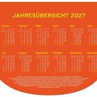 Jahresübersicht 2027: Kalendermonate mit Wochentagen und Feiertagen auf orangefarbenem Hintergrund.