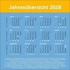 "Jahresübersicht 2028" oben in Gelb, darunter Monate von Januar bis Dezember in Blau mit kalendarischer Auflistung.