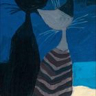 Dezember. Kalender mit Katzen unter einem gelben Mond, eine schwarze und eine gestreifte grau-weiße Katze sitzen zusammen.