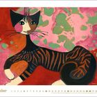 Text: "Dezember". Kalender mit Illustration einer stilisierten Katze mit schwarzem Kopf und farbenfrohem Hintergrund.