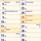 Kalender für Dezember 2027. Feiertage: Nikolaus 6., Weihnachten 25.+26., Silvester 31. Adventsonntage markiert.