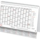 Tischkalender 2028 mit Mondphasen, Tierkreiszeichen und Feiertagen, Monate in Spalten, Spiralbindung oben.