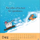 "Das Leben ist zu kurz für irgendwann." Dezember-Kalenderbild. Katze auf Schlitten, Hund rennt im Schnee.