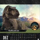 "TYRANNOSAURUS REX", darunter ein Kalender für Dezember. Ein Tyrannosaurus vor einer Berglandschaft, Logo mit Dinosauriersymbol.
