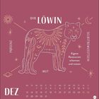 "Die LÖWIN", "Eigene Ressourcen erkennen und nutzen", "PRÄSENZ", "SELBSTBEWUSSTSEIN", "MUT". Astronomische Illustrationen auf rosa.