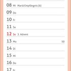 Text: "Dezember", "02. Advent", "Nikolaus", "Mariä Empfängnis", "3. Advent", "4. Advent", "Winteranfang", "Heiligabend", "Weihnachten", "Silvester." Eine graue Katze sitzt auf einer roten Decke, umgeben von Lichterketten.