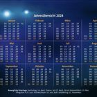 Jahresübersicht 2028, Monate und Wochentage mit Datumsangaben. Bewegliche Feiertage sind unten erwähnt.
