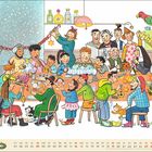 Text: "DEZEMBER." Menschen basteln fröhlich zusammen an einem Tisch. Draußen schneit es; ein Papagei sitzt auf einem Regal.