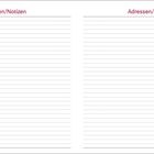 „Adressen/Notizen“ in Rot oben links und rechts. Zwei Spalten mit Linien für handschriftliche Einträge.