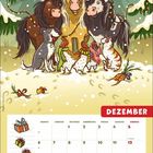 Kalenderseite für Dezember. Illustration: Ponys mit Weihnachtsmützen, Hund, Hühner, Katze im verschneiten Wald.