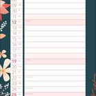 "Dezember" unten. Kalender mit Blumendekor. Ein roter Vogel sitzt auf einem Ast rechts.