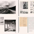 Texte beschreiben Wind, Wein und Architektur. Schwarzweißfotografien: Berge, Pferdekarren, Hütte, Innenraum mit Regal.