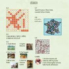 Texte: Seitenangaben (z.B., S. 4), Begriffe wie Macarons und Künstlernamen. Rätselgitter, Frankreich-Illustration, Labyrinth.