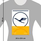 "Lufthansa The First 100 Years" steht auf einem gelb-weißen Hintergrund. Darüber ist ein Vogel-Logo in einem Kreis zu sehen.