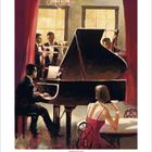 Illustration eines Jazz-Ensembles mit Flügel, Cellistin und Violinist. Elegante Dame trinkt Champagner.