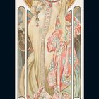 Moët & Chandon, Crémant Impérial. Jugendstil-Illustration mit elegant gekleideter Frau vor dekorativem Hintergrund.