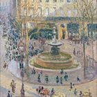 "12" und "2021" stehen groß unten, darunter sind Kalendertage. Malerei zeigt eine belebte Straßenszene mit Brunnen.