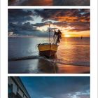 Nummer 12, 2027. Drei Fotos: Küste bei Sonnenuntergang, ein Boot im Wasser, eine Brücke ins Meer.