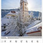 Kalender für Dezember 2027: Bild eines schneebedeckten Kirchturms, Sonnenlicht dahinter, verschneite Landschaft.