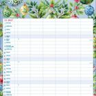 Kalenderblatt mit "Dezember" in roter Schrift, umrahmt von bunten Weihnachtskugeln und grünen Zweigen.