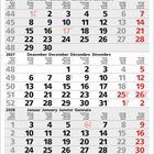 Kalender für November und Dezember 2027, Januar 2028 mit Wochentagen in fünf Sprachen, rote markierte Feiertage.