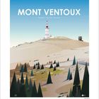 "MONT VENTOUX, FRANCE | Vaucluse • Provence" oben. Eine stilisierte Illustration des Bergs mit karger Landschaft und Bäumen.