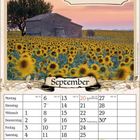 „Sonnenblumen leuchten weit, beenden bald die Sommerzeit.“ Kalenderblatt für September mit Sonnenblumenfeld.