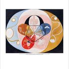 Eine abstrakte Illustration mit Kreisen, Linien und gewundenen Formen in Blau, Rot, Gelb und Rosa. Unten ist eine Monatsübersicht.