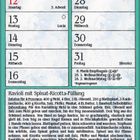 Kalender mit Dezemberdaten. Rezept für "Ravioli mit Spinat-Ricotta-Füllung". Illustration einer Frau beim Teigrollen in der Küche.