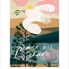 "peace over chaos" steht über einer illustrierten weißen Taube mit einem Zweig im Schnabel, die über Landschaften fliegt.