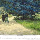 "12" und Monats-/Tagesangaben am unteren Rand. Illustration: Zwei Personen spazieren auf einem Pfad unter Bäumen.