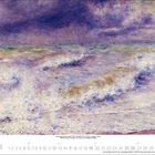 Gemälde von Claude Monet: Wellen unter dramatischem Himmel. Unten Kalenderabschnitt für Dezember mit Tagesdaten.