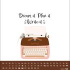 "Dream it. Plan it. Write it." über einer Retro-Schreibmaschine. Darunter ein Kalender für Dezember 2027.