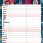 Kalender für Dezember 2027. Bunte Blätter und Muster im Hintergrund, Blatt mit dem Text "DEZEMBER".