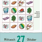 Mittwoch, 27 Oktober. Puzzle mit Gegenständen: Rettungsring, Schlauchboot, Bikini, Luftmatratze, Eimer, Ball, Bügeleisen, Baum. Frage: "Welche Abbildung ist nur einmal vorhanden?"